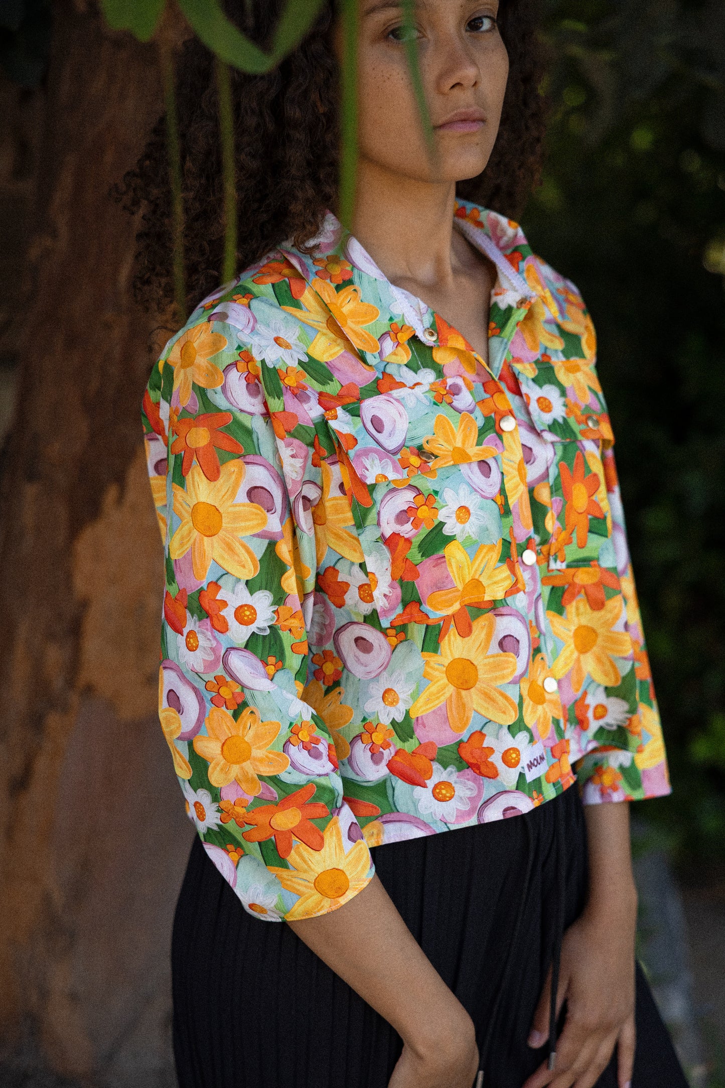 chemise crop courte manche 3/4 motif végétale