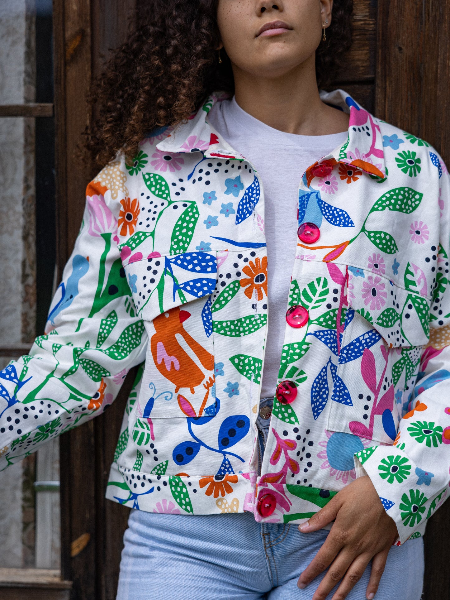 Veste droite oiseaux et fleurs
