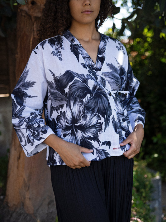 Blouse kimono fleurs noir et blanc manche 3/4