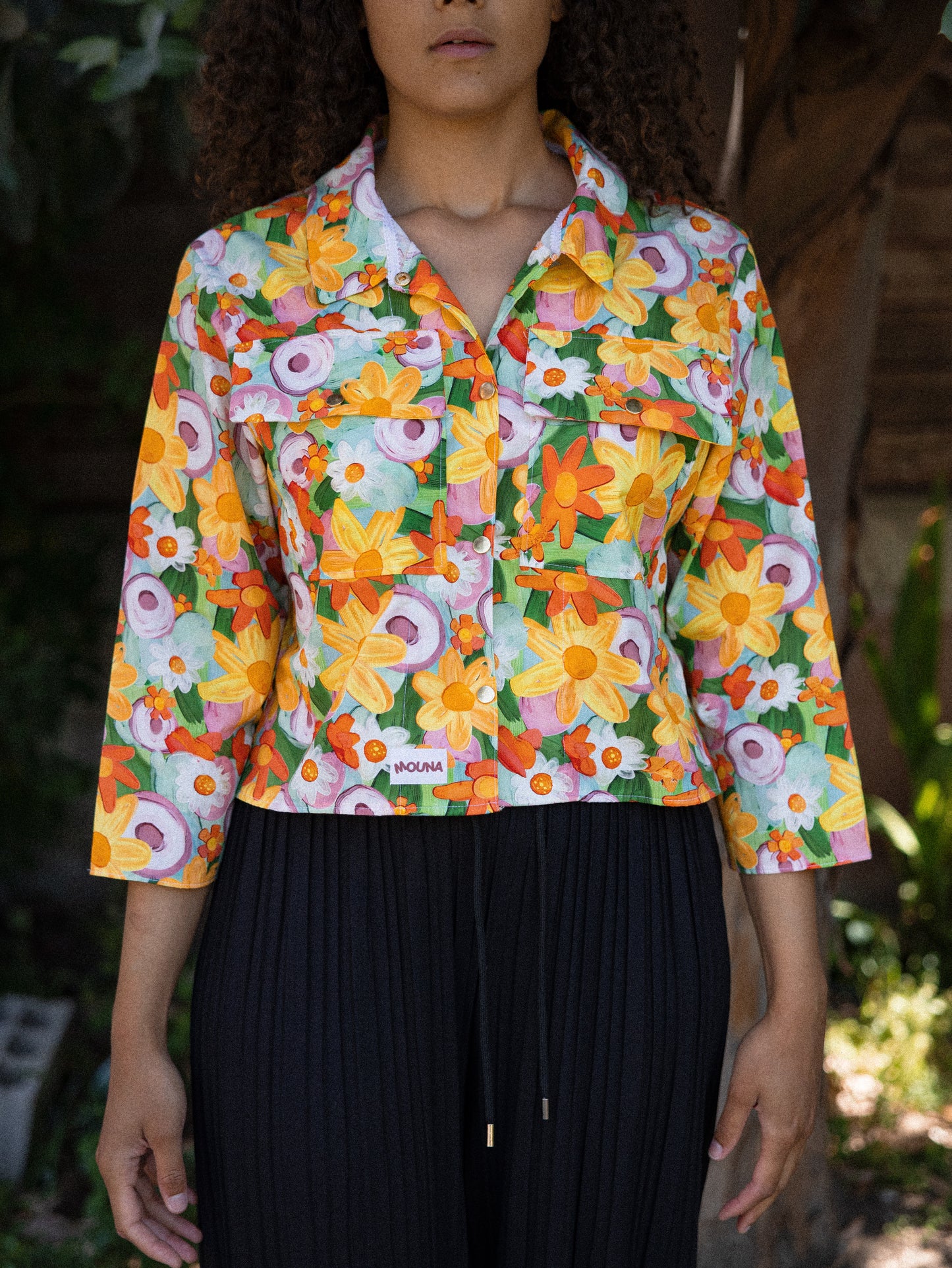 chemise crop courte manche 3/4 motif végétale
