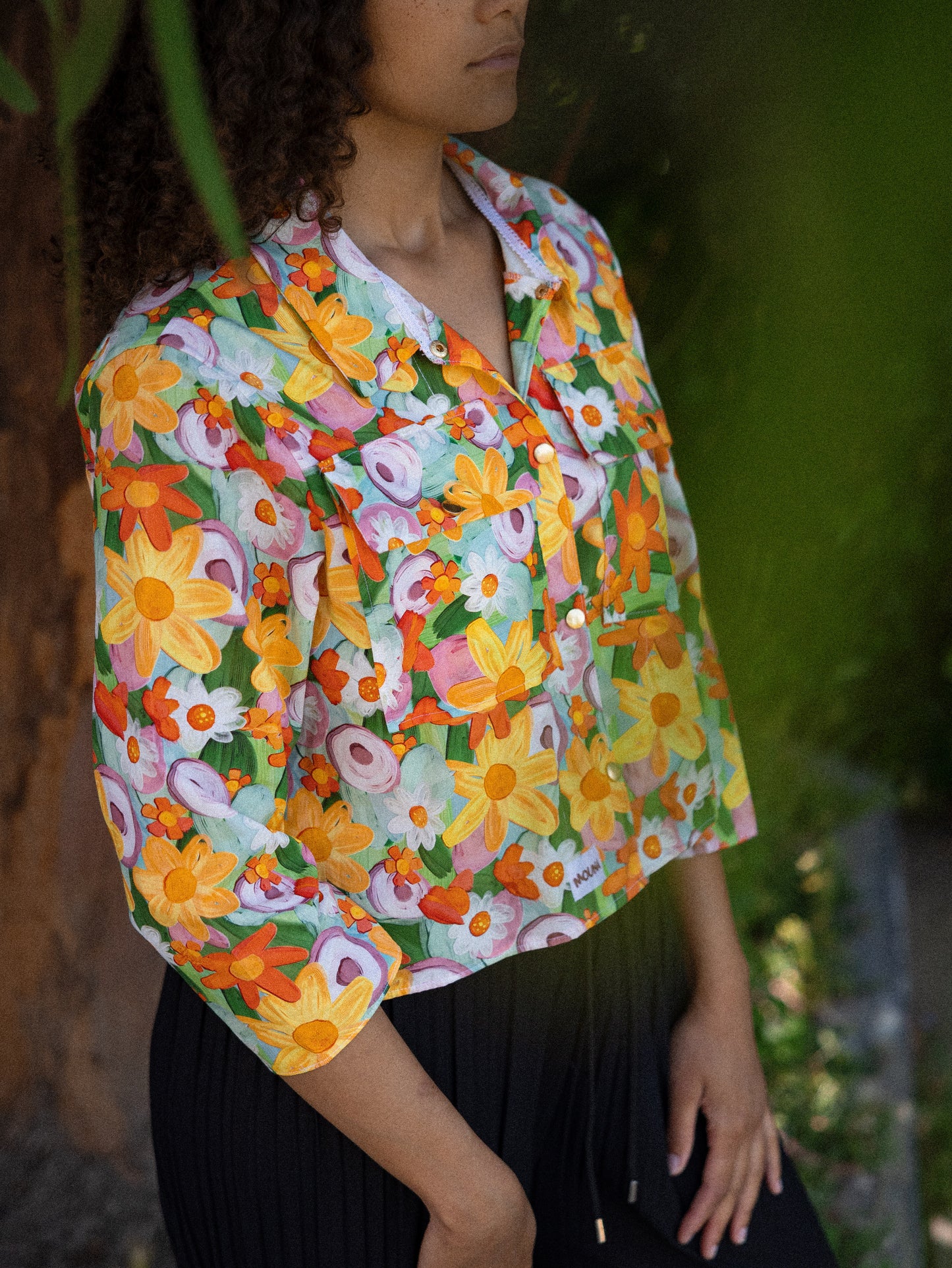 chemise crop courte manche 3/4 motif végétale