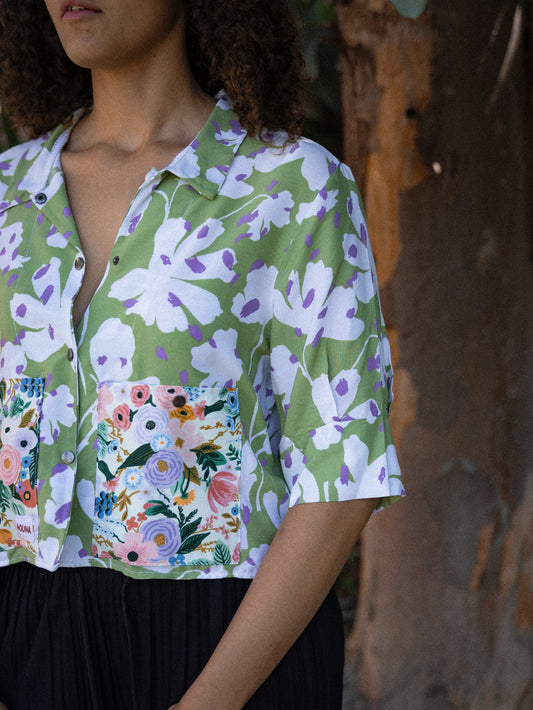 chemise courte crop verte popeline de coton