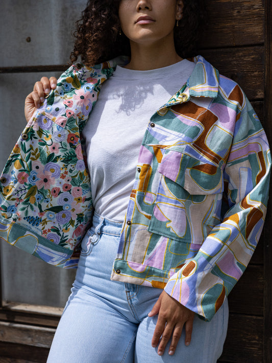 Veste droite lin motif géométrique