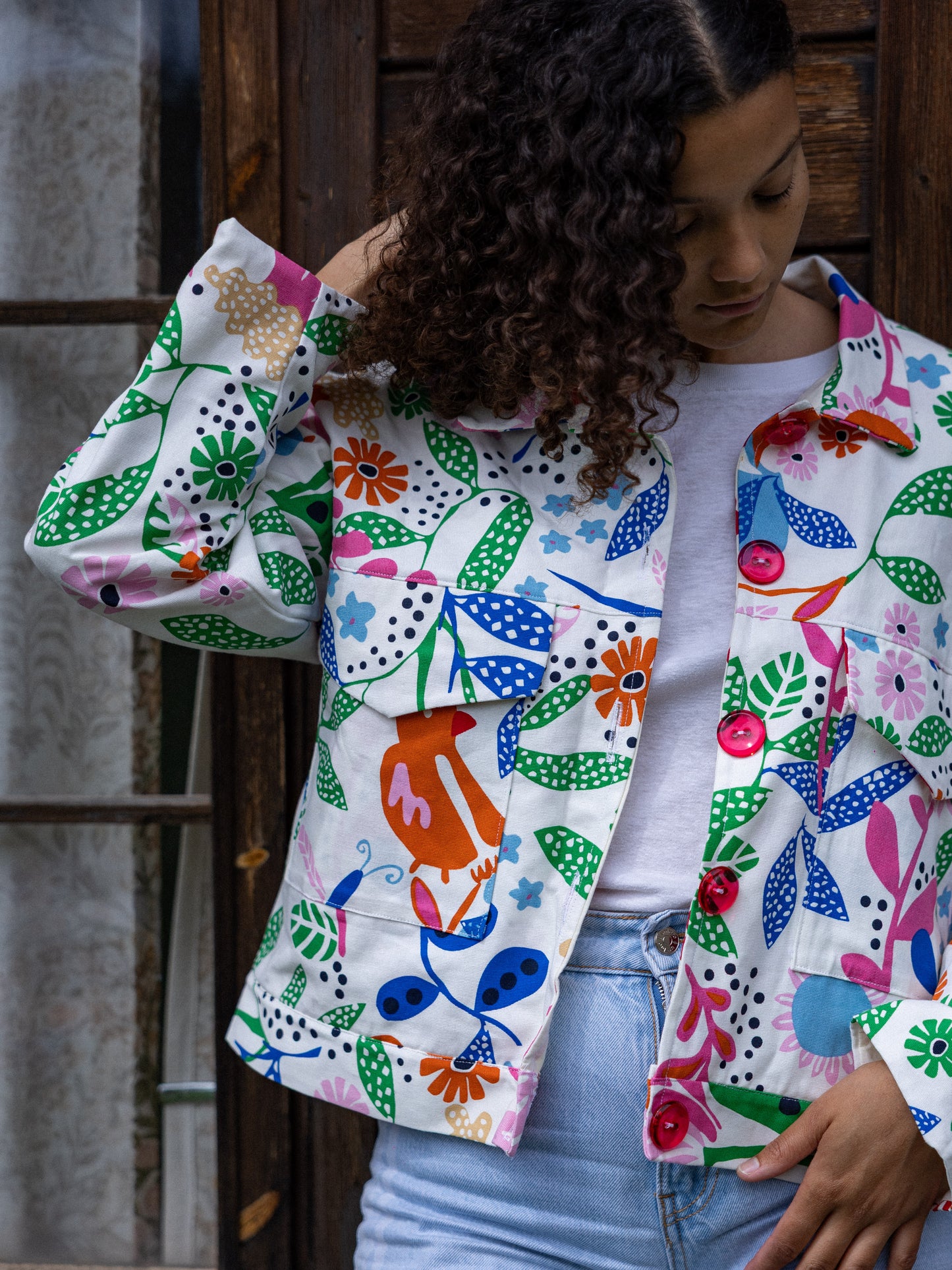 Veste droite oiseaux et fleurs