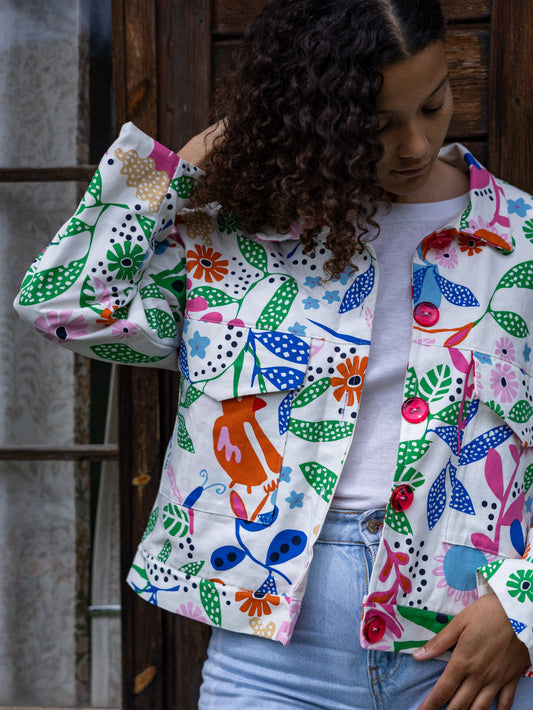 Veste droite oiseaux et fleurs