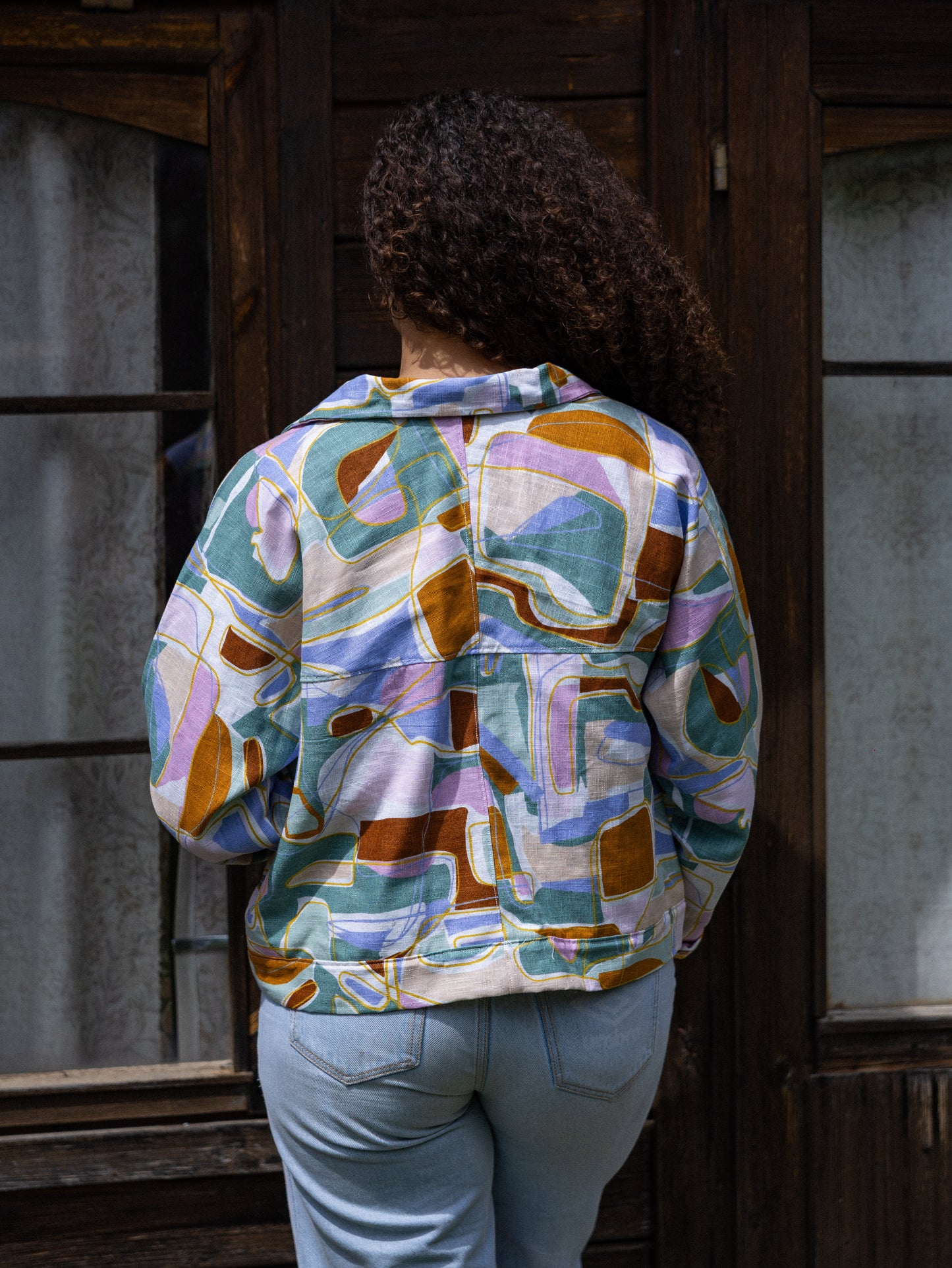 Veste droite lin motif géométrique