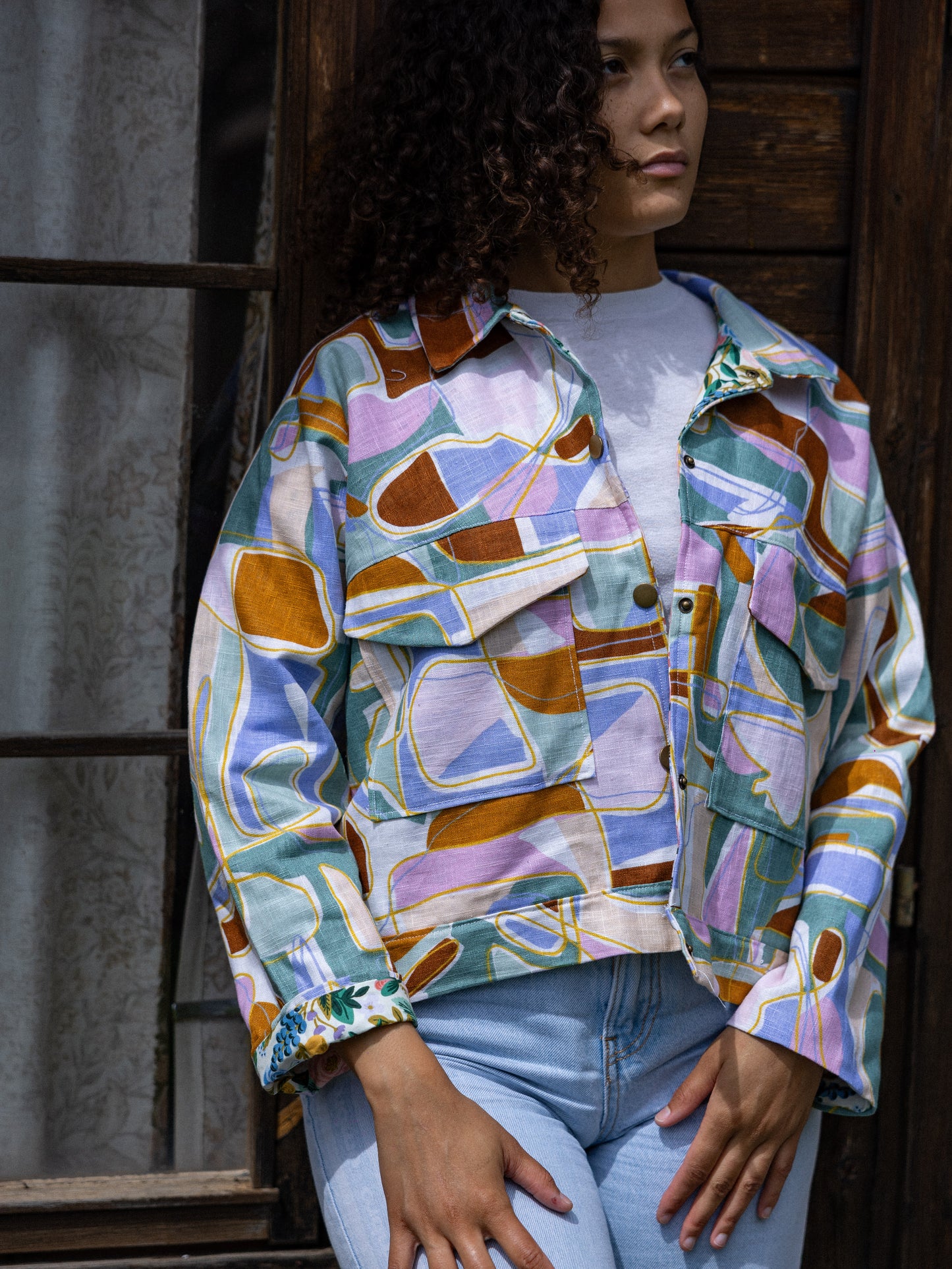 Veste droite lin motif géométrique