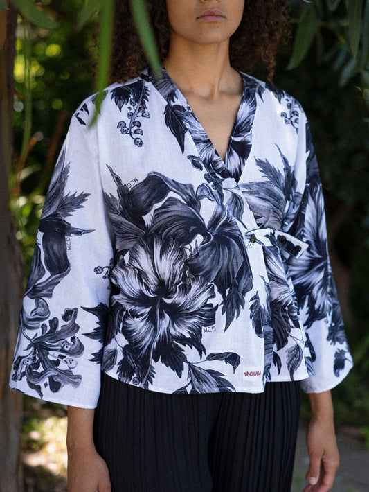 Blouse kimono fleurs noir et blanc manche 3/4
