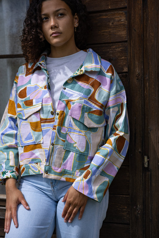 Veste droite lin motif géométrique
