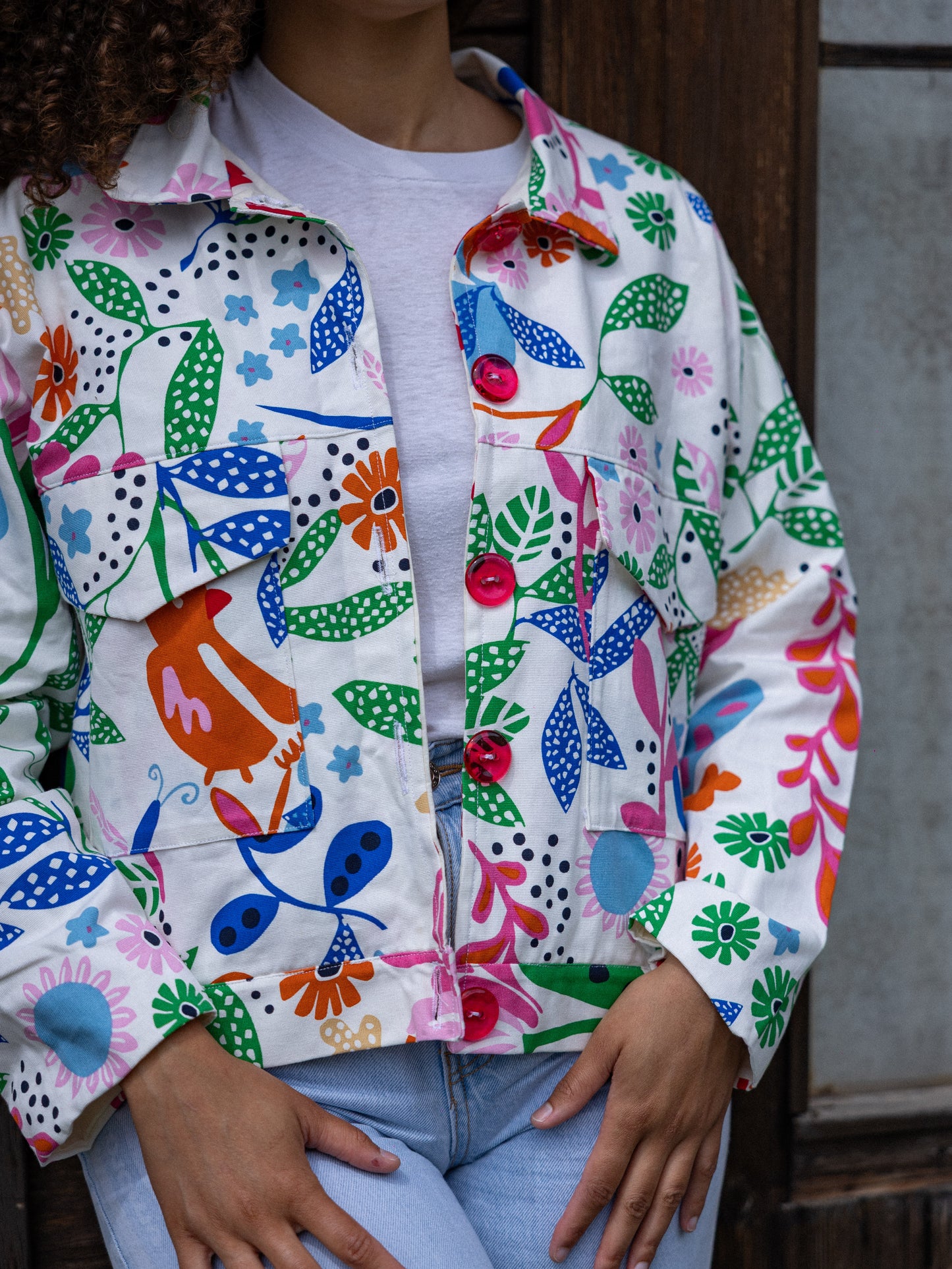 Veste droite oiseaux et fleurs