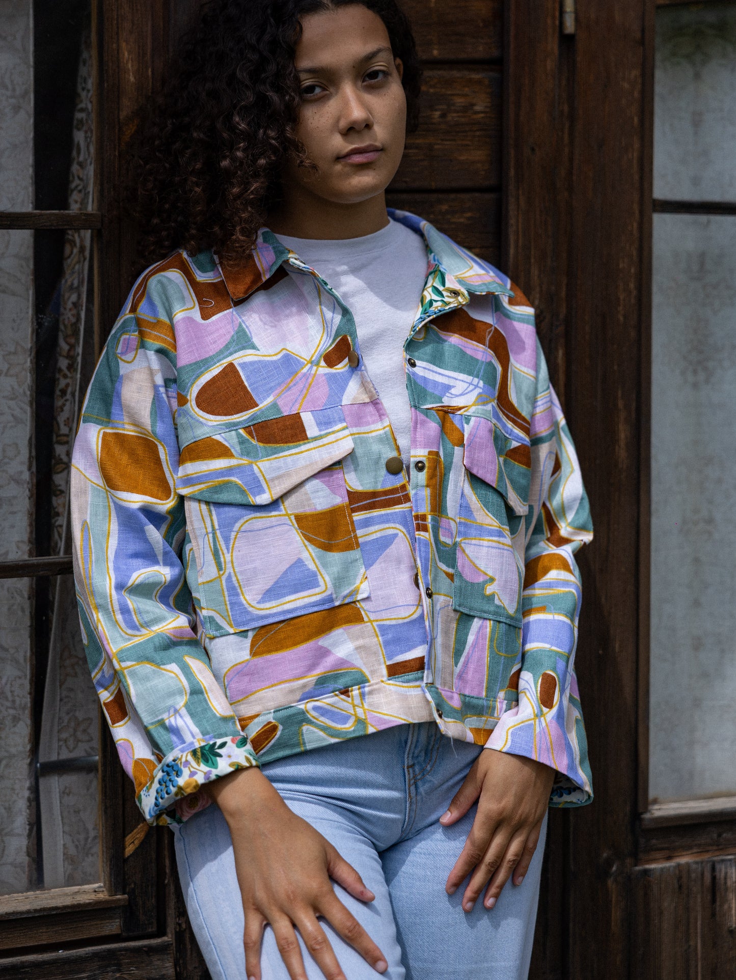 Veste droite lin motif géométrique