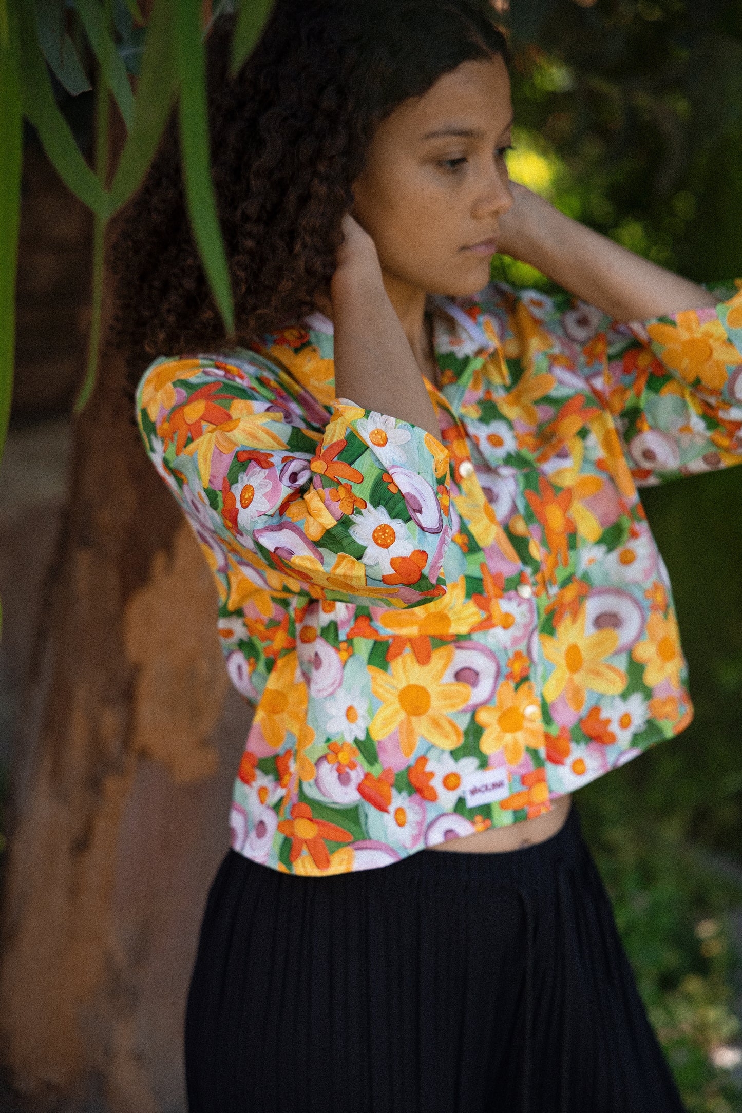 chemise crop courte manche 3/4 motif végétale