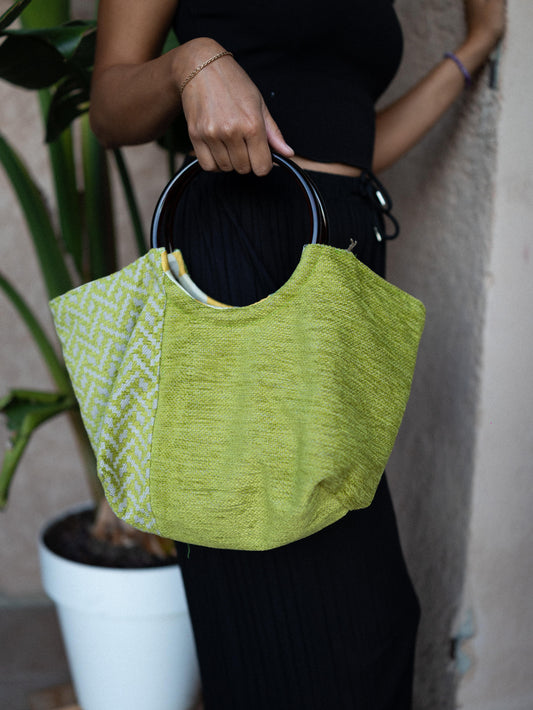 SAC CABAS ANSE BAMBOU TOILE VERTE EFFET VELOURS