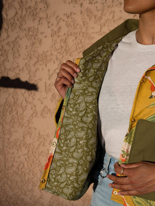 Veste blouson courte - Coton épais motif flamants roses - Mouna | Mode Éco-Responsable Vestes & Sacs Uniques, Faits Main