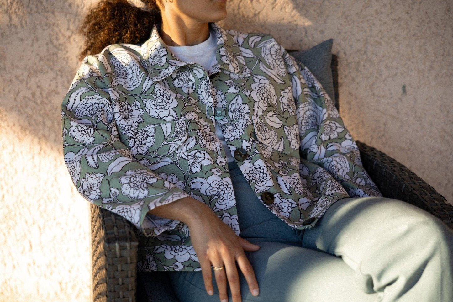 Veste Canvas Vert & Blanc Bohème Printemps Été - Mouna | Mode Éco-Responsable Vestes & Sacs Uniques, Faits Main