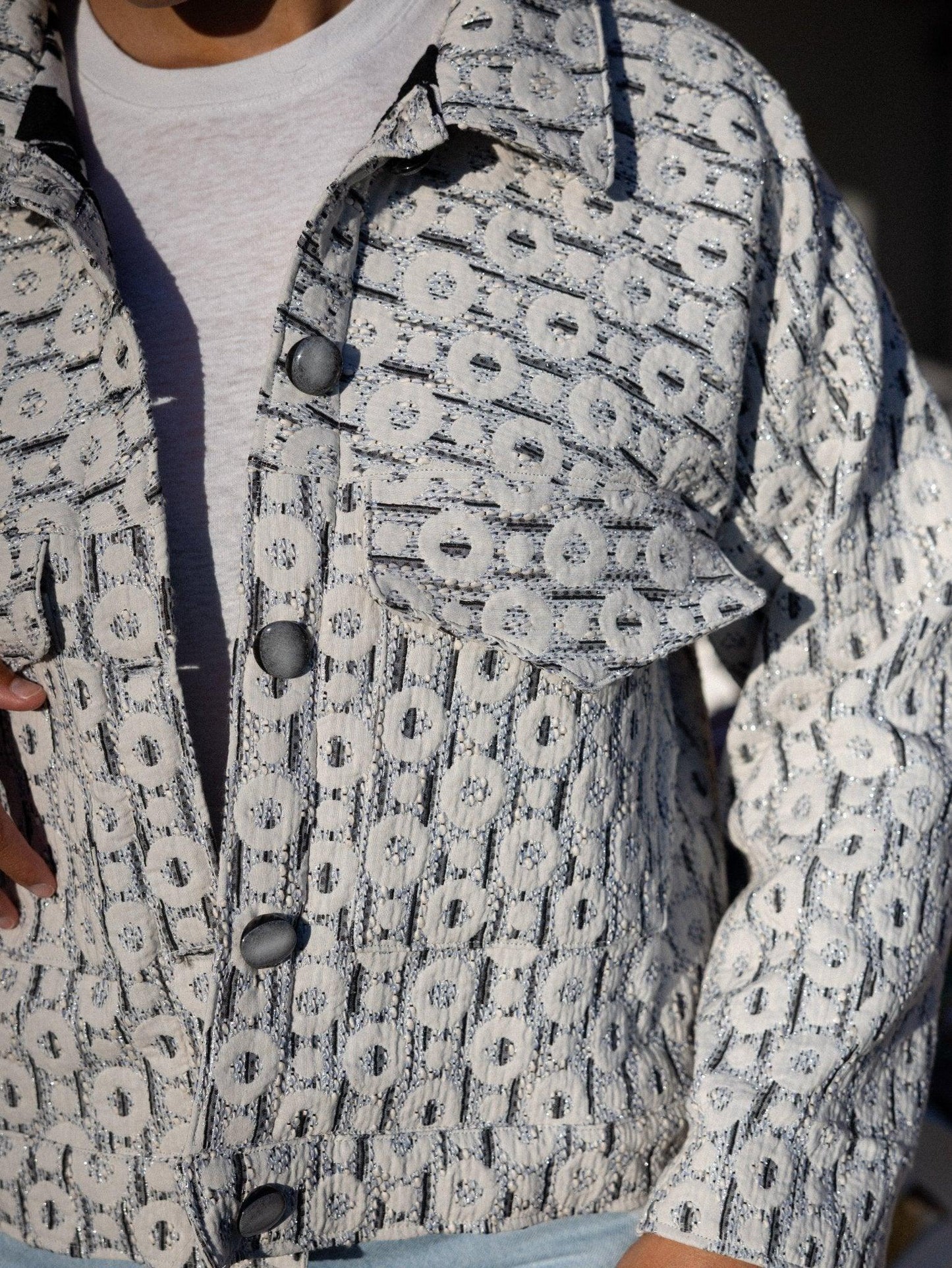 Veste droite Jacquard Motif Rond & Lurex - Mouna | Mode Éco-Responsable Vestes & Sacs Uniques, Faits Main