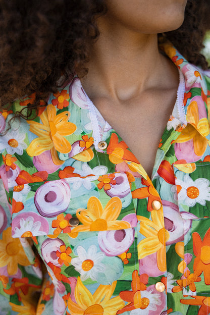 chemise crop courte manche 3/4 motif végétale
