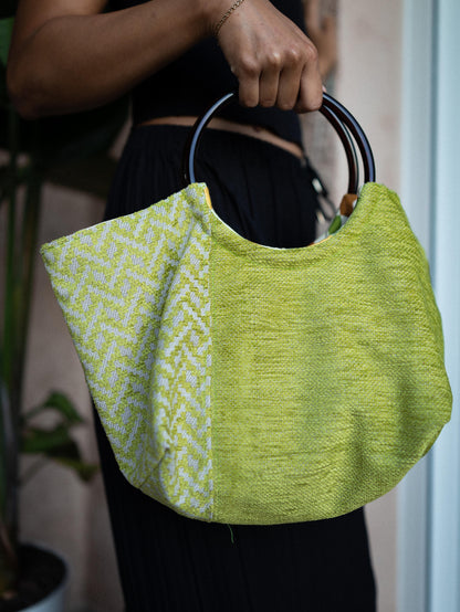 SAC CABAS ANSE BAMBOU  TOILE VERTE EFFET VELOURS
