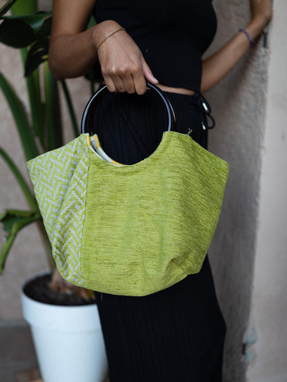 SAC CABAS ANSE BAMBOU  TOILE VERTE EFFET VELOURS